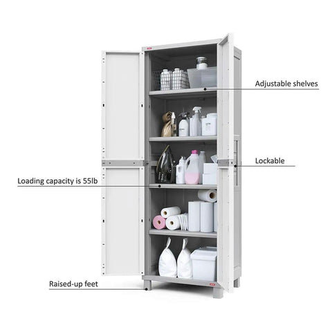 Open Built Tough Resin Storage Cabinet With Lockable Doors And Five Shelves 55 Lb Per Shelf Capacity Tall 72 Inch Unit.