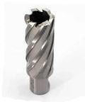 Front view of annular cutter with Weldon shank, 3/4 in diameter, spiral flutes; for magnetic drill press.