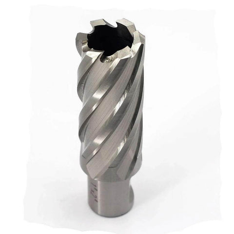 Front view of annular cutter with Weldon shank, 3/4 in diameter, spiral flutes; for magnetic drill press.