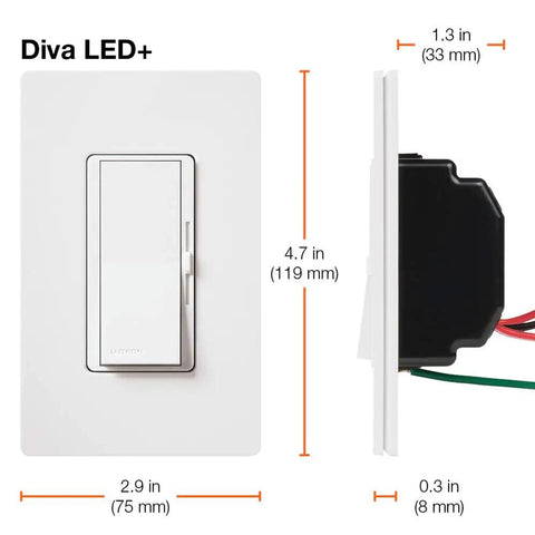 Smooth Flicker Free Led Dimmer Switch With Matching Almond Wallplate Included For Hassle Free Single Pole Or Three Way Wiring Setup Rated Up To One Fifty Watts For Top Notch Room Lighting dimensions and side view.