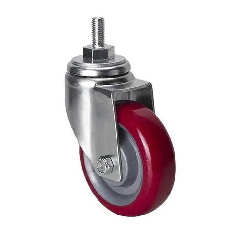 Heavy Duty 5 Inch TPU Swivel Casters With Snap Brakes For Shop Carts And Hospital Gear Roll Smooth As Silk On Hard Surfaces Double Bearings Crush Heavy Loads Effortlessly Four Pack, featuring red TPU wheel and steel mount.