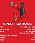 Real Deal Brushless Cordless Drill Driver Installation Kit With 12V Battery Rig Featuring Right Angle Offset And Metal Chuck Attachments specifications on red background, showing torque and chuck details.