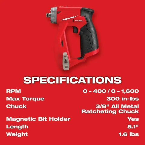 Real Deal Brushless Cordless Drill Driver Installation Kit With 12V Battery Rig Featuring Right Angle Offset And Metal Chuck Attachments specifications on red background, showing torque and chuck details.