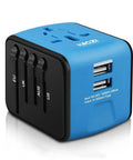 Universal Travel Adapter With Dual USB Fast Charge All In One International Power Converter For UK EU AU Asia Supports 150 Plus Countries Compact Wall Charger For Worldwide Travel Blue with visible USB ports and international plug settings