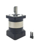 Planetary gearbox front view: black housing with silver band, vertical output shaft and square mounting flange