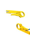 Mini Network Wire Stripper And Punch Down Cutter for Cat5 Cat5e Cat6 RJ45 cables, yellow tool with steel blade, close-up view