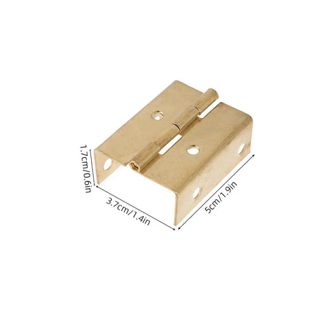 Gold heavy duty metal cabinet hinges for corner cabinets, shown with 180 degree opening and right angle mounting, four fold