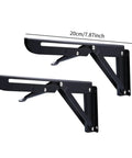 Heavy Duty Folding Shelf Brackets Set For DIY Shelves, 8 Inch Triangle Table And Bench Supports, black steel brackets shown