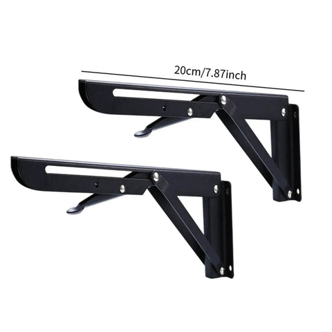 Heavy Duty Folding Shelf Brackets Set For DIY Shelves, 8 Inch Triangle Table And Bench Supports, black steel brackets shown