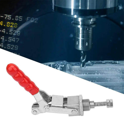 Push Pull Toggle Clamp With Stainless Steel Handle For Quick, Solid Holding In Machining And Assembly Tasks, Easy Install, Industrial Test Fixtures, Beefy Heavy Duty Fixed Clamping Tool GH-36224, shown with red handle and metal parts in machining environment.
