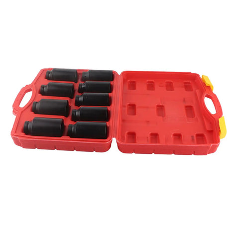 Pro 9 Piece 2 Inch Drive Axle Hub Nut Hex Socket Set 29mm-38mm in red case, alloy steel sockets for breaker bars
