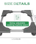 Universal Mobile Base For Dryer, Washing Machine, And Mini Refrigerator, Adjustable Stand with Size Dimensions and Anti Skid Pads
