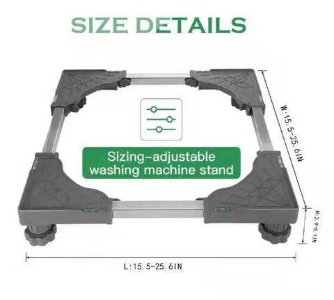 Universal Mobile Base For Dryer, Washing Machine, And Mini Refrigerator, Adjustable Stand with Size Dimensions and Anti Skid Pads