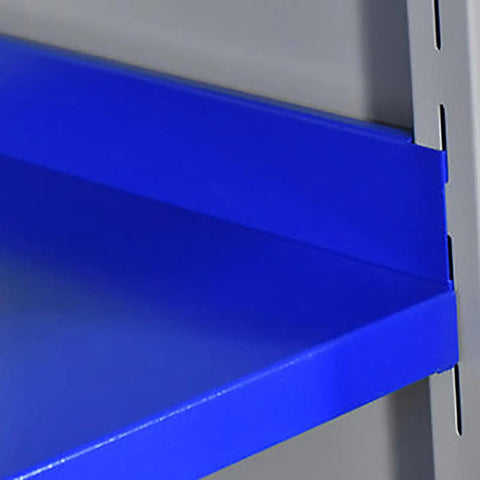 Extra Tall Lockable Metal Tool Cabinet With Two Doors Built Tough Heavy Duty Steel Construction Large Capacity Storage For Garage Workshop Basement Or Warehouse Keeps Tools Organized Safe And Easily Accessible close-up of blue steel shelf and gray cabinet frame