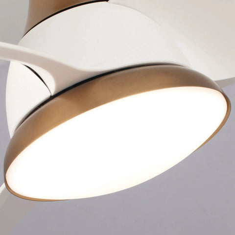 Close-up of LED light on compact ceiling fan with remote and LED light for bedroom and covered patio, brass body, 28 inch.