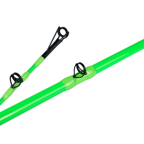 Close-up of Beast Catfish Rod, 7 Ft, Medium Heavy, One Piece, Glow in the Dark, showing green body with guides and tip detail