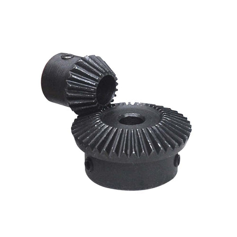 One Point Zero Module Tapered Bevel Gear Set 20 To 40 Teeth 10mm Bore 90 Degree Pinion Gear 1 To 2 Ratio 45 Steel With High Frequency Blackened Finish