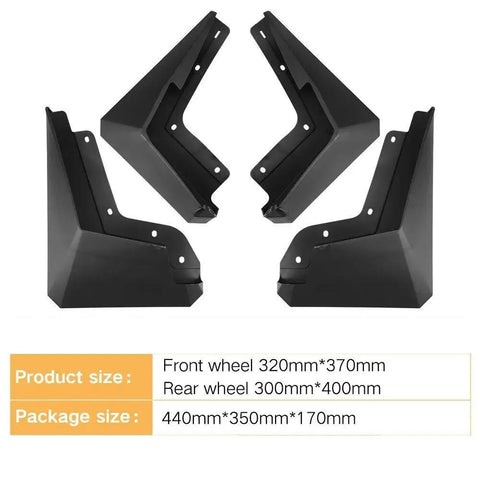 Tough Front And Rear Mud Flaps For Tesla Cybertruck 2024 set showing black, durable wheel guards for effective dirt blocking.