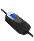 Hassle Free Top Off Your Ride With This Portable Type 2 EV Charger Featuring Five Meter Cord For Home Use Or Weekend Getaways 11 Kilowatt Power Output Evse Electric Car Charging Station Smooth Plug And Play Design showing black charger unit with LED display.