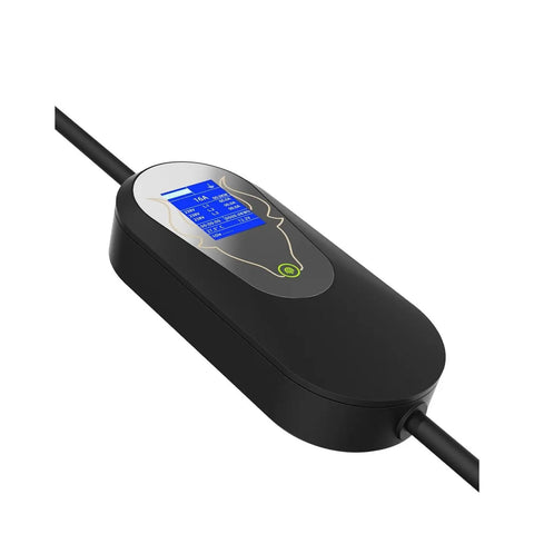 Hassle Free Top Off Your Ride With This Portable Type 2 EV Charger Featuring Five Meter Cord For Home Use Or Weekend Getaways 11 Kilowatt Power Output Evse Electric Car Charging Station Smooth Plug And Play Design showing black charger unit with LED display.