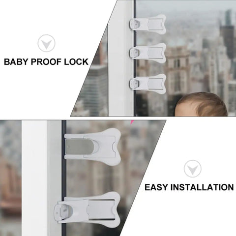 Six Pack White ABS Childproof Window And Cabinet Locks With Keyless Convenience For Sliding Doors Easy Adhesive Install No Tools Needed