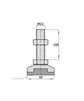 Heavy Duty Carbon Steel Leveling Feet Set Of Four With M12 Threads And Tough Orange Coating For No Sweat Adjustable Machine Mounts and Rock Solid Grip On Bumpy Shop Floors, M12 threaded design with dimensions.