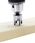 Close up of Kickass Eight Piece Wood Plug Cutter Drill Bit Set Made From Heavy Duty Carbon Steel cutting into wood.