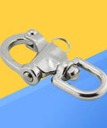 Heavy Hitter 316 Stainless Steel Swivel Snap Shackle with large bail, showing close-up, for marine rigging and outdoor job sites.
