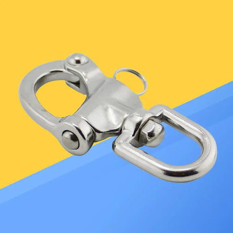 Heavy Hitter 316 Stainless Steel Swivel Snap Shackle with large bail, showing close-up, for marine rigging and outdoor job sites.
