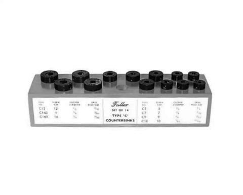 Professional Countersink And Taper Drill Bit Set For Five Through Nine Wood Screws featuring multiple countersink sizes on a storage block.