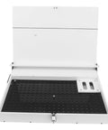Robust White PVC And Acrylic Model Tool Storage Rack Featuring Multi Compartment Design For Diy Hobbyists open view showing pegboard design and easy access surface.