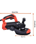 Dual Handle Angle Grinder Featuring A Flexible Articulating Head And Dust Deflecting Shroud with dimensions and brushes.