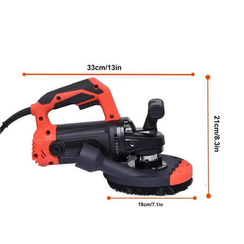 Dual Handle Angle Grinder Featuring A Flexible Articulating Head And Dust Deflecting Shroud with dimensions and brushes.