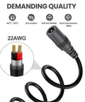 Rock Solid 22AWG DC Power Extension Cable With DC5.5 By 2.1 Mm Jack, showcasing flexible black wire and connector ends.