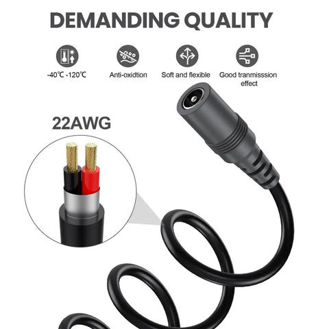 Heavy Duty Dc 5 5 X 2 1 Mm Power Extension Cord 22Awg Plug And Play Cable showing flexible design and gold connectors for reliable use.