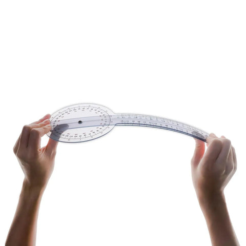12 Inch 360 Degree Clear Goniometer Protractor For Physical Therapy And Medical Range Of Motion Measurements, Handy Angle Ruler For Clinicians, Students, And Classrooms, shown bent in hands