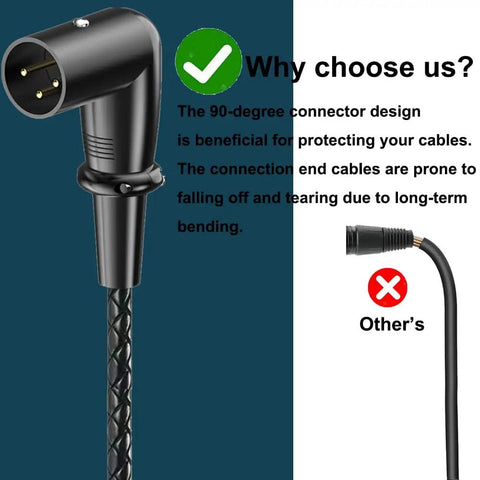 XLR 3 Pin Splitter Cable 1 To 2 Mic Adapter with 90-degree connector next to comparison of traditional straight cable.