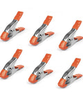 Six PONY 6-inch heavy-duty spring clamps with nickel-plated steel jaws, orange handles and tips, 2-inch opening
