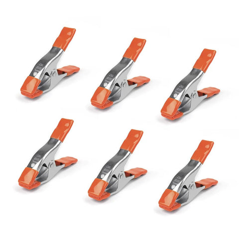 Six PONY 6-inch heavy-duty spring clamps with nickel-plated steel jaws, orange handles and tips, 2-inch opening