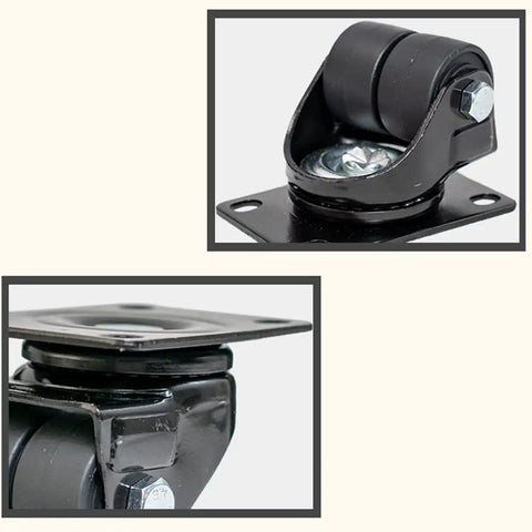 Heavy Duty Swivel Caster Wheels Equipped With Reinforced Steel Plates Built Like A Tank To Haul Up To Four Hundred Fifty Kg Loads Smooth Rolling Action Perfect For Shop Carts And Industrial Racks Set Of Four, close-up view of wheel and mount.