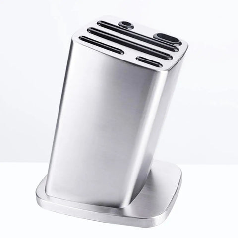Six Slot Stainless Steel Kitchen Knife Block Holder With Tilted Slots And Angled Edges, anti-skid non-slip organizer on white background.