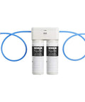 Aquifer Double Cartridge Water Filtration System for Kitchen Bath and Beverage Faucets, dual filters with blue tubing attachment.