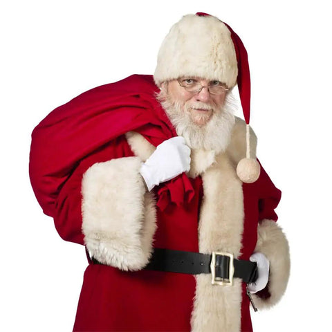 Person in Santa costume with red bag, wearing 12 Pairs White Cotton Gloves For Dry Hands Eczema Care Moisturizing Spa Liner Gloves.