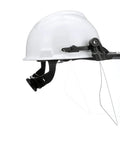 Side view of V-Gard Accessory System Kit with white cap, frame for slotted caps, and clear polycarbonate visor attached.