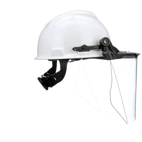 Side view of V-Gard Accessory System Kit with white cap, frame for slotted caps, and clear polycarbonate visor attached.