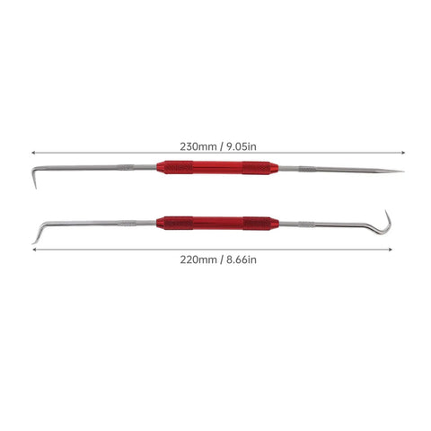 Image of 2 Piece Hook And Pick Set With Rolling Flower Handle Multi Angle Hook Picks For Removing Small Fuses Gaskets Springs And O Rings Durable Carbon Steel Tools For DIY And Pro Use showing two tools at 230mm and 220mm.