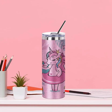4 Pack 20 Oz Glitter Pink Sublimation Tumblers Skinny With Straws Ready For Custom Designs, Premium Stainless Steel, Double Wall Insulated, Bright Print Quality, Gift Box Set unicorn design