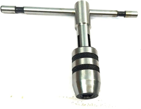Three Piece T Handle Tap Wrench Set With Solid Collet Jaws for tapping and reaming, close up view of metal tool showing detail