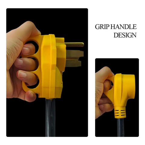 Hand holding RV Power Adapter 50 Amp Male To 30 Amp Female Cable 12 Inch 10 3 STW NEMA 14 50P To TT 30R with grip handle