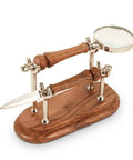 Sleek Silver Brown Wood Desk Set With Magnifying Glass And Letter Opener For Home Office Decor And Boss Level Gift Modern Executive Office Accessories on wooden base